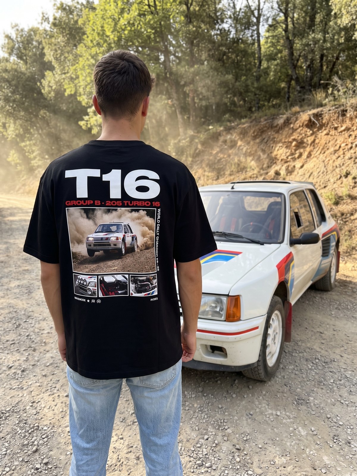 T-shirt oversize 205 T16 noir porté de dos devant la voiture