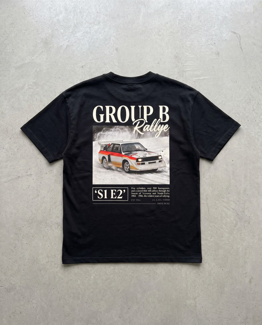 T-shirt oversize Group B Rallye noir, vue de dos à plat