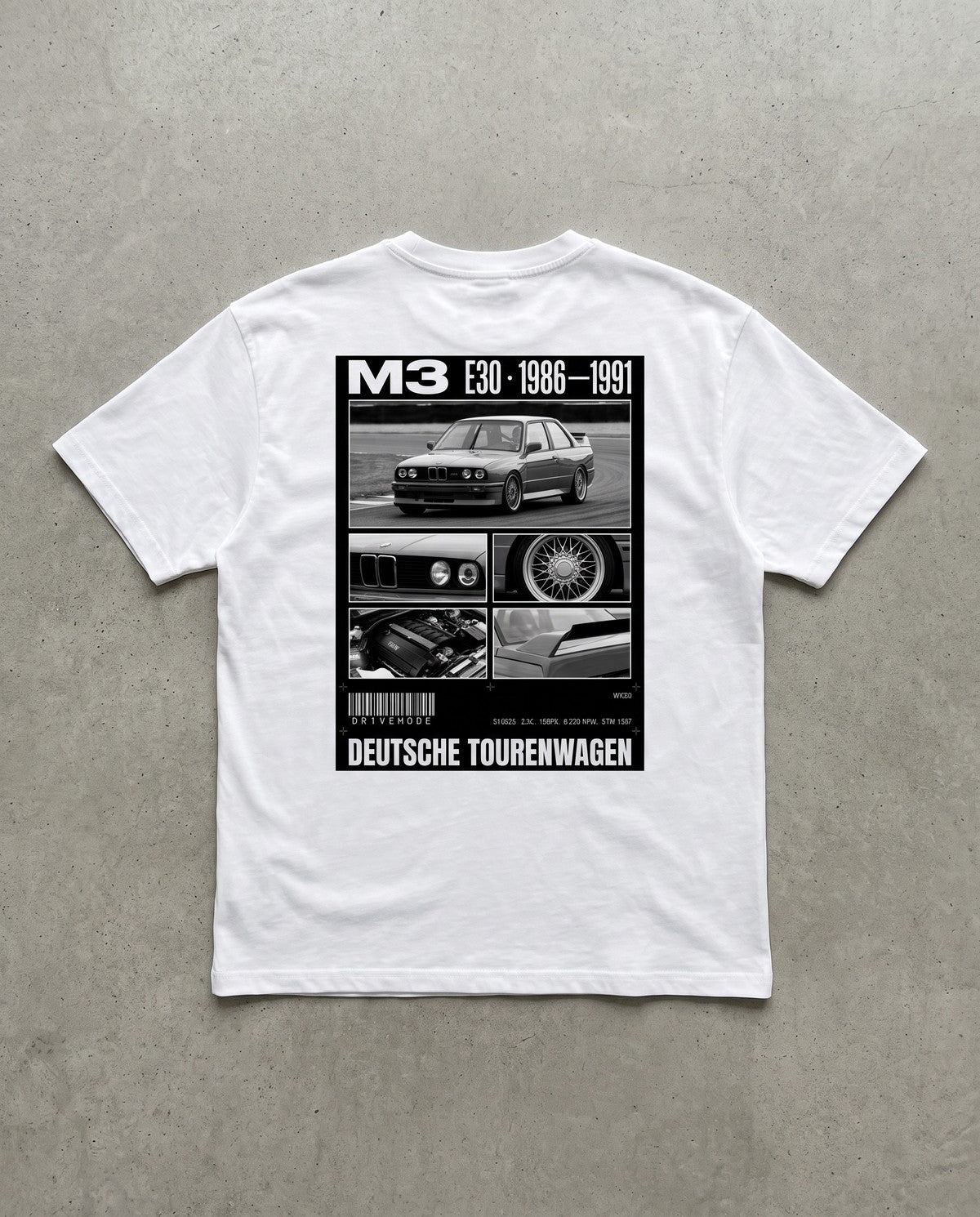 T-shirt oversize M3 E30 blanc, vue de dos à plat