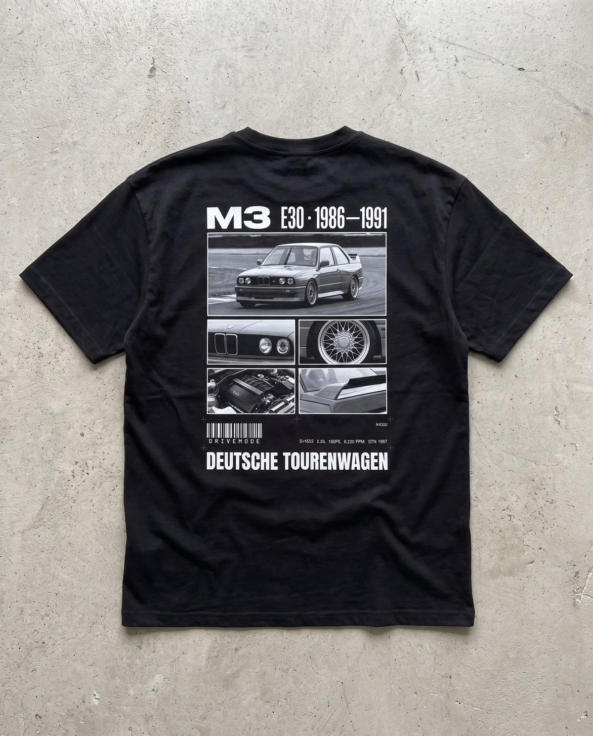 T-shirt oversize M3 E30 noir, vue de dos à plat