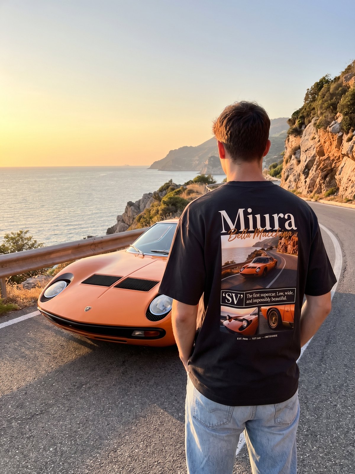 T-shirt oversize Miura noir porté de dos devant la voiture