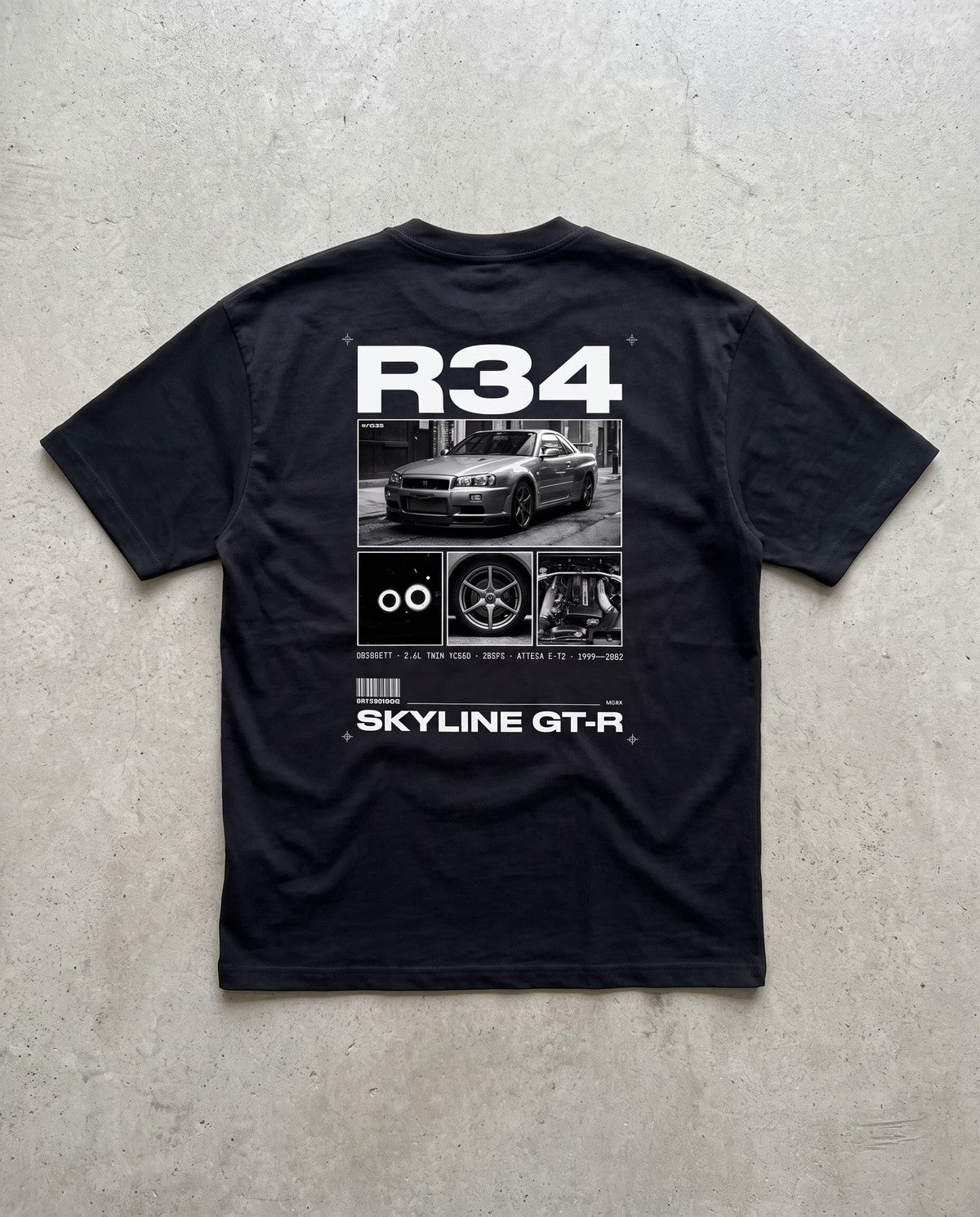 T-shirt oversize R34 Skyline GT-R noir, vue de dos à plat