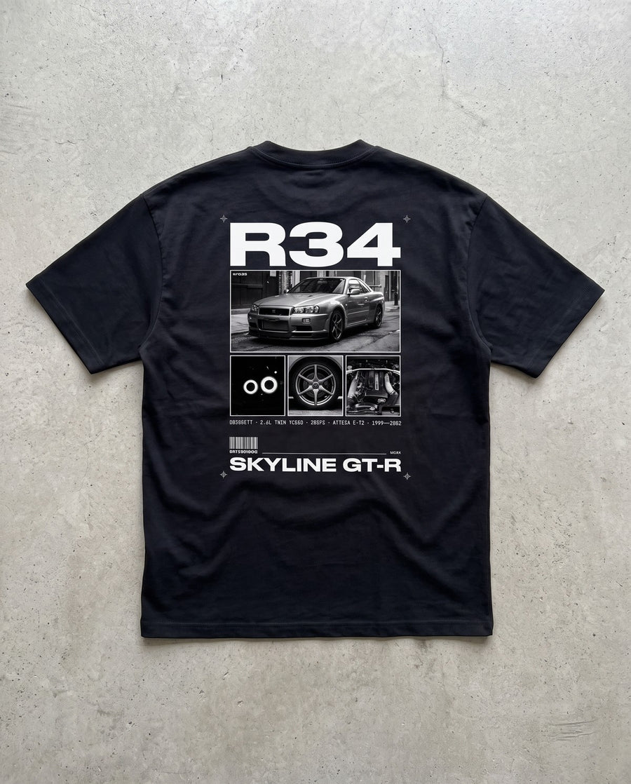 T-shirt oversize R34 Skyline GT-R noir, vue de dos à plat