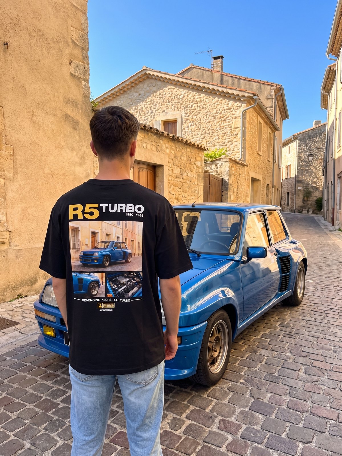T-shirt oversize R5 Turbo noir porté de dos devant la voiture