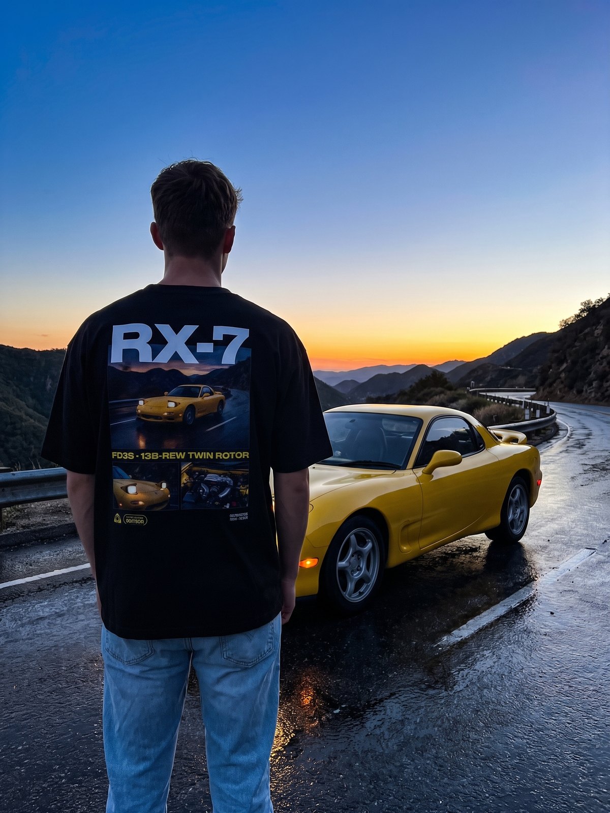 T-shirt oversize RX-7 FD noir porté de dos devant la voiture